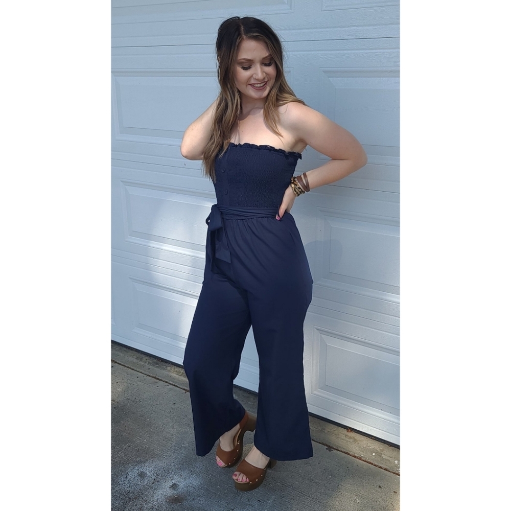 NEW Papermoon Smocked Strapless Jumpsuit - Navy